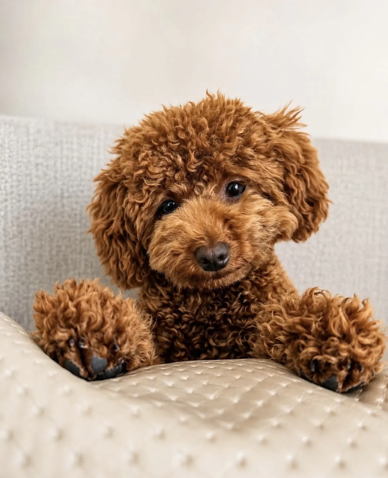 Rode toypoodle met zijn pootjes op een zacht kussen