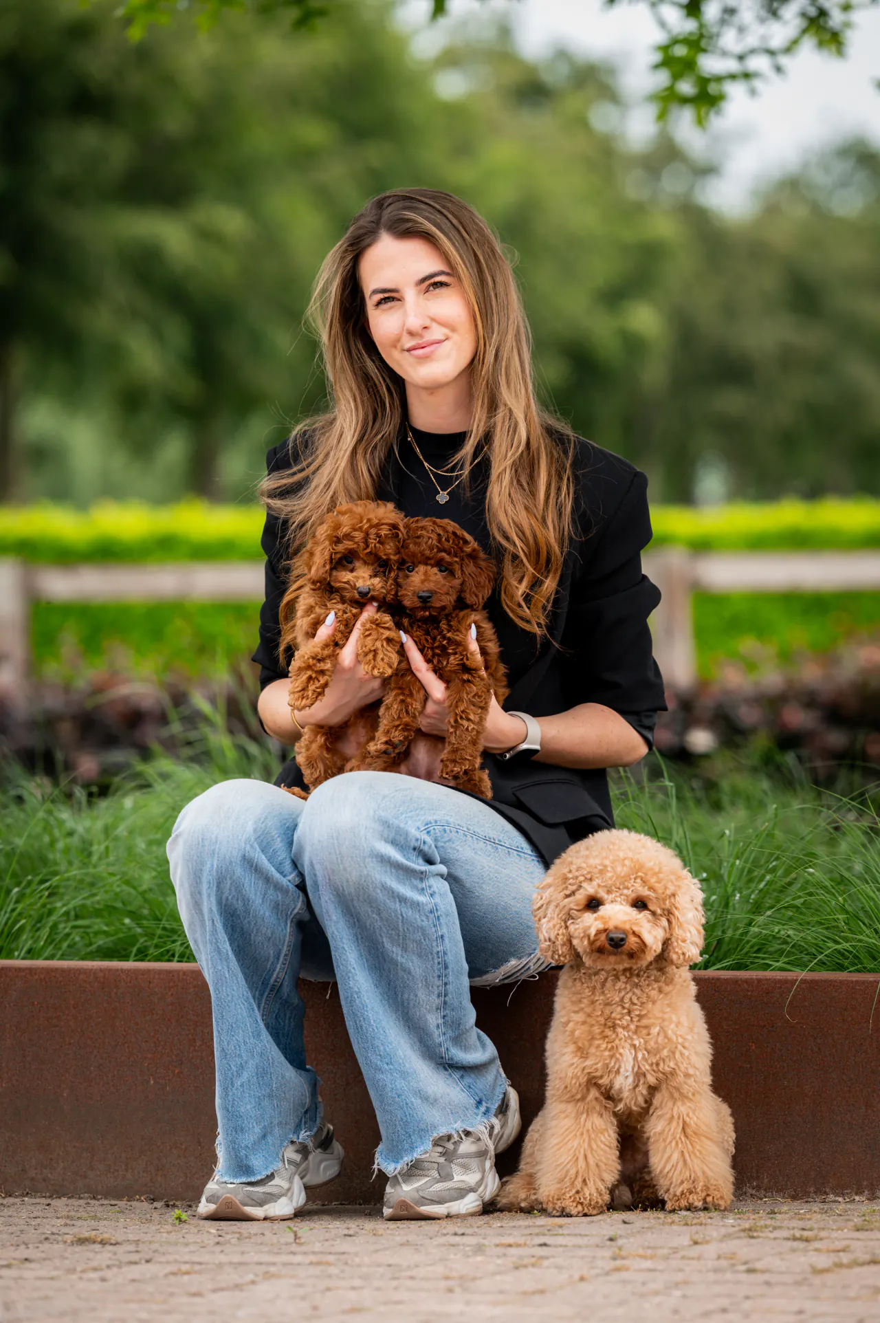 Serra zit in de tuin met een rode pup en een volwassen toypoodle