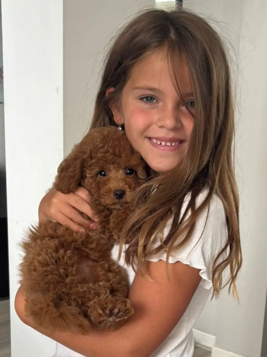 Meisje met lang haar houdt een rode pup vast