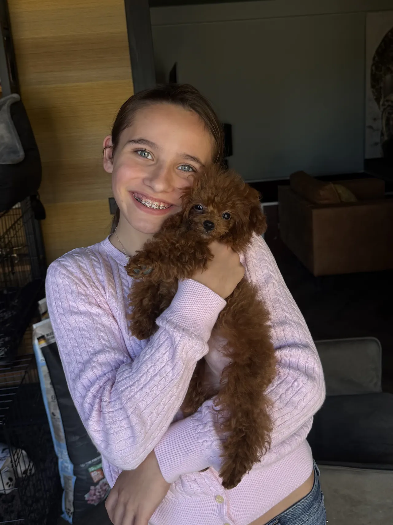 Meisje in een roze trui knuffelt een rode pup